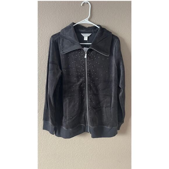 Christopher & Banks Y2K Velour Grey Zip Up Rhinestone Jacket Size Large - NWT - Picture 4 of 12